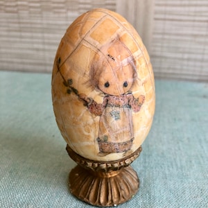 Betsy Clark Little Girl Decoupage Art Egg Crackle Glaze on Pedestal Vintage 70s