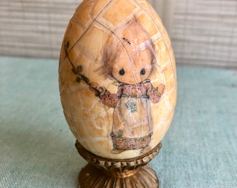 Betsy Clark Little Girl Decoupage Art Egg Crackle Glaze on Pedestal Vintage 70s