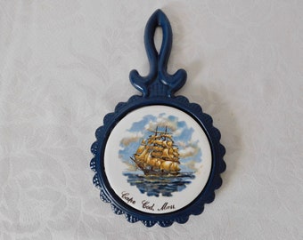 Sailing Ship Trivet Pot Holder Cast Iron Ceramic Tile Pilkington Cape Cod Mass Vintage 70s