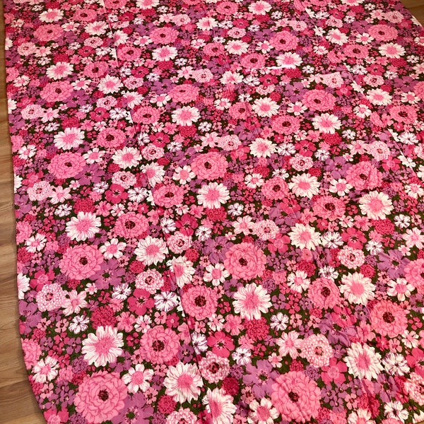 Vintage Bedspread Twin Size Hot Pink Floral Quilted Flower Power 1970s
