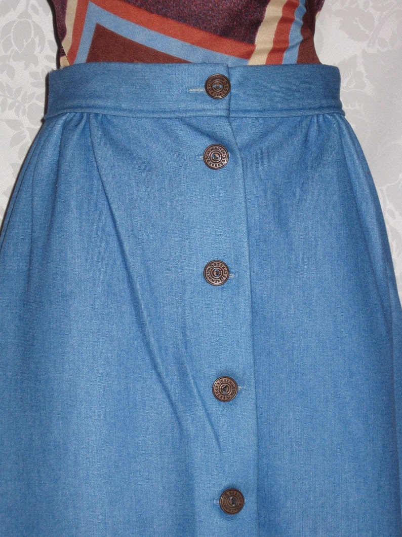 Vintage 70s Denim Skirt Flared Button Front Faux Denim Size Small image 3