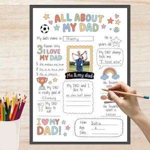Alles über meinen Vater - Vatertag druckbares Geschenk von Kindern | DIY Malseite, Fragebogen, Arbeitsblatt für Papa