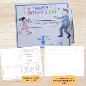 Afdrukbaar Vaderdagcadeau | Treklipkaart voor vader van kinderen – DIY-kleurkaart van zoon of dochter met envelopsjabloon