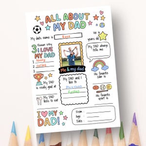 Alles über meinen Vater - Vatertag druckbares Geschenk von Kindern | DIY Malseite, Fragebogen, Arbeitsblatt für Papa