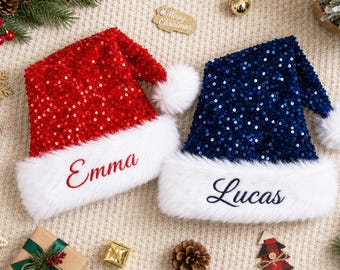 Custom Embroidered Santa Hat, Personalized Sequin Christmas Party Hats, Holiday Costume Accessory, Christmas Gift