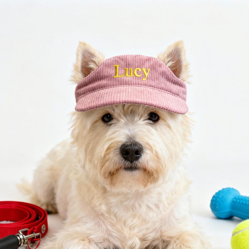 May include: A white West Highland White Terrier dog wearing a pink corduroy visor with the name Lucy embroidered in yellow thread on the front. The dog has pointed ears, a black nose, and dark eyes, positioned near a red leash and a blue toy.