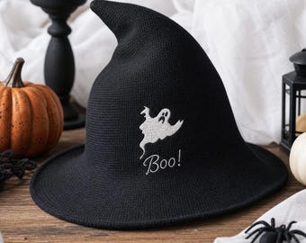 Custom Embroidered Witch Hat, Personalized Slouchy Pointed Hats, Halloween Costume Accessory, Witch Party Gift