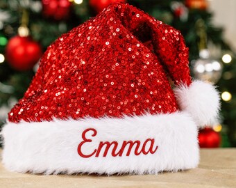 Personalized Santa Hat, Custom Name Christmas Hat, Embroidered Sequin Holiday Hat, Kids Adult Christmas Gift