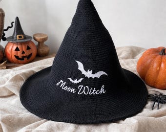 Custom Embroidered Name Witch Hat, Slouchy Pointed Hats, Personalized Halloween Hat, Gift for her