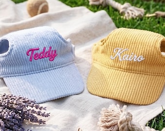 Gorra de béisbol de pana bordada personalizada: nombre de perro personalizado, gorra para mascotas con orificios para las orejas, regalos para mascotas