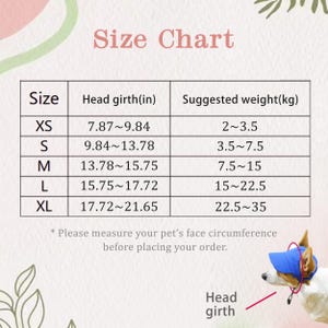 May include: A size chart for pet headwear featuring a table with columns for size, head girth in inches, and suggested weight in kilograms. The chart lists sizes XS through XL with corresponding measurements and a visual guide of a dog wearing a blue hat.