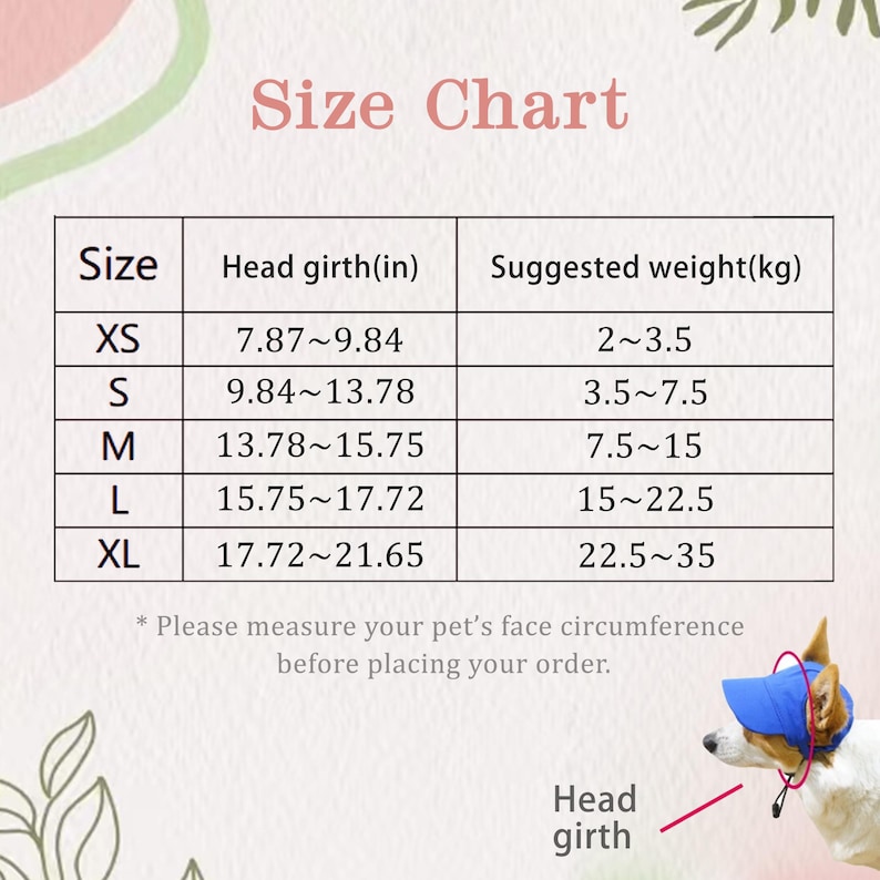 May include: A size chart for pet headwear featuring a table with columns for size, head girth in inches, and suggested weight in kilograms. The chart lists sizes XS through XL with corresponding measurements and a visual guide of a dog wearing a blue hat.