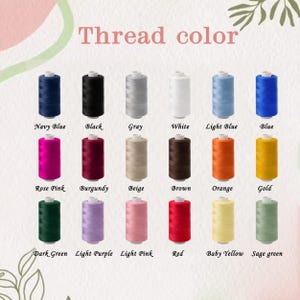 May include: A color chart displaying eighteen spools of sewing thread arranged in three rows. The text "Thread color" appears at the top, with labels for each color including Navy Blue, Black, Gray, White, Light Blue, Blue, Rose Pink, Burgundy, Beige, Brown, Orange, Gold, Dark Green, Light Purple, Light Pink, Red, Baby Yellow, and Sage green.