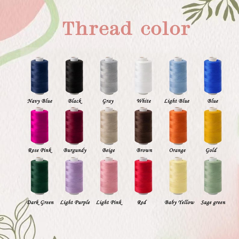 May include: A color chart displaying eighteen spools of sewing thread arranged in three rows. The text "Thread color" appears at the top, with labels for each color including Navy Blue, Black, Gray, White, Light Blue, Blue, Rose Pink, Burgundy, Beige, Brown, Orange, Gold, Dark Green, Light Purple, Light Pink, Red, Baby Yellow, and Sage green.