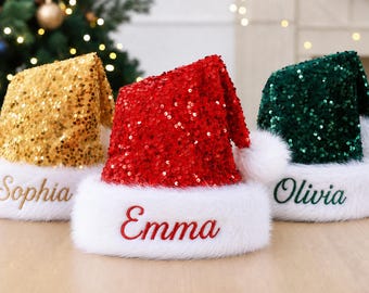 Personalized Santa Hat with Name, Custom Embroidered Christmas Hats, Sequin Holiday Hat, Christmas Gift