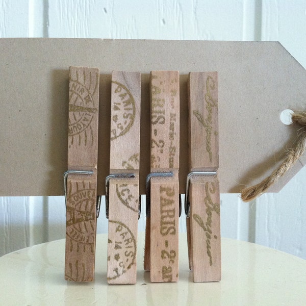 Set of 4 French Organic Paris Themed Clothespins Handstamped with Gold on Natural Wood