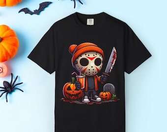 Camiseta adorable de Jason para Halloween / Camiseta divertida de película de terror estilo chibi / Camiseta con estampado de calabaza espeluznante