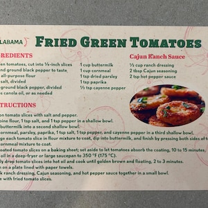 Nuova cartolina 4x6 Alabama pomodori verdi fritti 50 stati serie di ricette famose