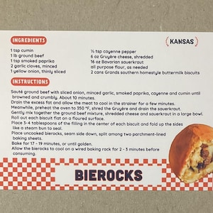 Novo cartão postal 4x6 Kansas Bierocks 50 Estados Série de receitas famosas