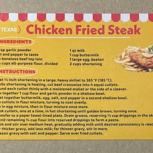 Novo cartão postal 4x6 Texas Chicken Fried Steak 50 Estados Série de receitas famosas