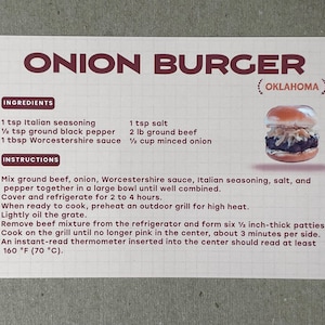 Nowa pocztówka 4x6 Oklahoma Onion Burger 50 stanów Słynna seria przepisów