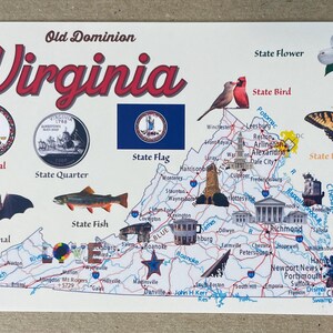 Neue Postkarte 4x6 Virginia State Map USA 50 Staaten Kartenserie