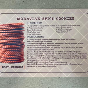 Novo cartão postal 4x6 Biscoitos de especiarias da Morávia da Carolina do Norte Série de receitas famosas dos 50 estados