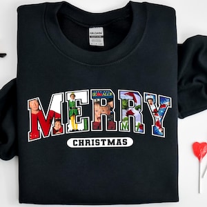Sudadera con cuello redondo y estampado de películas de los 90 con mensaje de FELIZ NAVIDAD, camiseta navideña para amantes de las películas, suéter navideño de películas de los 90, camiseta navideña de películas