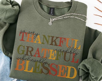 May include: An olive green sweatshirt with the words "so very THANKFUL GRATEFUL incredibly UNBELIEVABLY BLESSED" in colorful embroidered letters. A silver necklace with a sun pendant rests on the sweatshirt. The sweatshirt is folded.