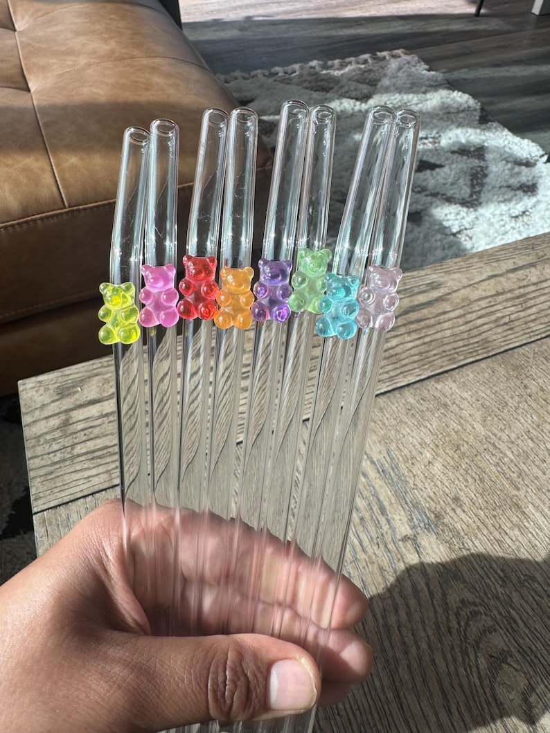 Handmade Glass Straws with Gummy Bear Charms – Set of 8