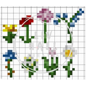 Könnte beinhalten: Kreuzstichmuster mit verschiedenen Blumen in verschiedenen Farben, darunter Rot, Gelb, Blau, Rosa und Weiß. Das Muster wurde von Liv Hall Creates entworfen.
