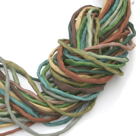 Silk Strings for Jewelry Making 10 Ea 2mm Silk Cord Greens Tans Hand Dyed  Woodland Forest Colors 