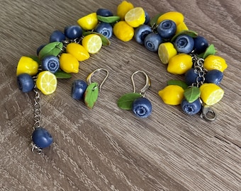 Handmade Blueberry Lemon Bracelet & Earrings ( gift)  Set, Polymer Clay Jewelry