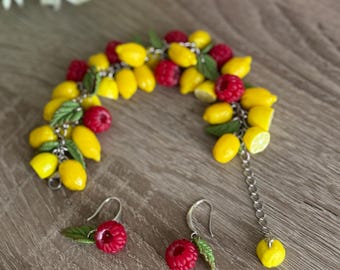 Handmade Raspberry  Lemon Bracelet & Earrings ( gift)  Set, Polymer Clay Jewelry