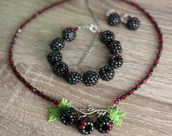 Handmade Blackberries Polymer Clay Necklace Bracelet Earrings