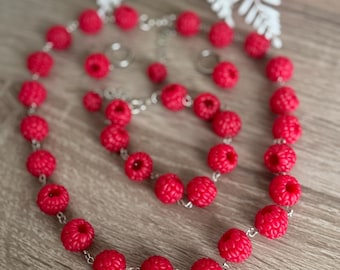 Handmade Raspberry Polymer Clay Necklace Bracelet Earrings silver gold