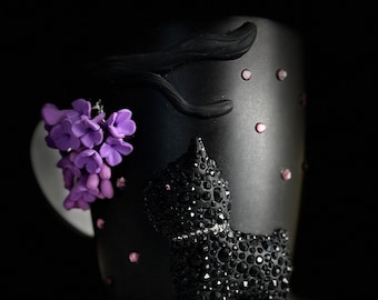 Handmade Black Dog Mug, Polymer Clay Decor (340ml)