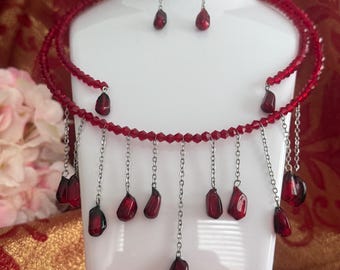 Handmade Pomegranate choker necklace Earrings: Resin Seeds,  Stainless Steel