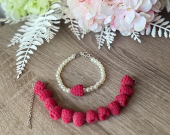 Handmade Polymer Clay Velvet Raspberry Double Bracelet, Silver Stainless Steel Chain
