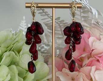 Handmade Pomegranate Seed Earrings, Resin & Polymer Clay, Gold Tone