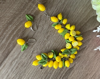 Handmade  Lemon Bracelet & Earrings ( gift)  Set, Polymer Clay Jewelry