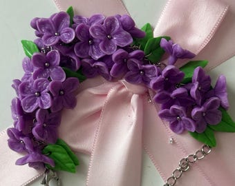 Handmade Lilac Flower Bracelet & Earrings Set, Polymer Clay Jewelry