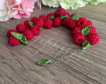 Handmade Polymer Clay Raspberry Bracelet, Silver Stainless Steel Chain