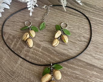 Handmade  Pistachios Polymer Clay Necklace Earrings