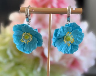 Handmade Polymer Clay Blue Poppy Earrings, Tibetan Floral Jewelry