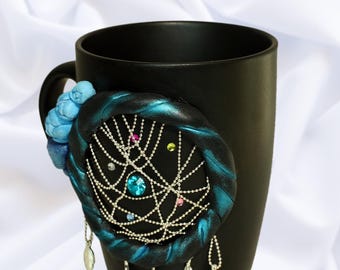Handmade Dreamcatcher Mug: Black Ceramic with Polymer Clay Decor (340ml)