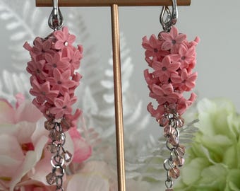 Handmade Hyacinth Flower Polymer Clay Long chandelier earrings