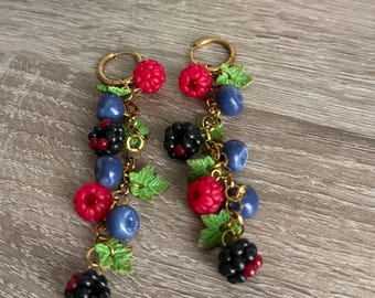 Handmade Raspberry Blueberry Blackberry Polymer Clay Earrings, 10cm Dangly Fruit Jewelry