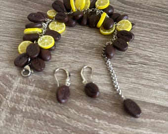 Handmade Coffee with Lemon Bracelet & Earrings ( gift)  Set, Polymer Clay Jewelry