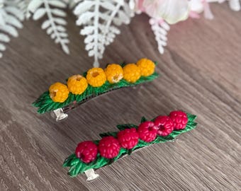 Handmade Polymer Clay Raspberry Hair Clip – 8cm Silver Metal Barrette